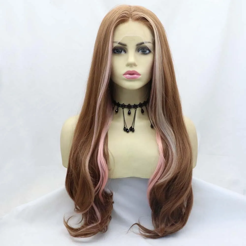 xiweiya 13X3 Lace Wig Long Mixed Brown Wavy Wig Highlight Rose Pink With Blonde Brown Synthetic Lace Front Wigs with Heat Resistant Fiber for Women Drag Queen Makeup Everyday Wig 24 inches