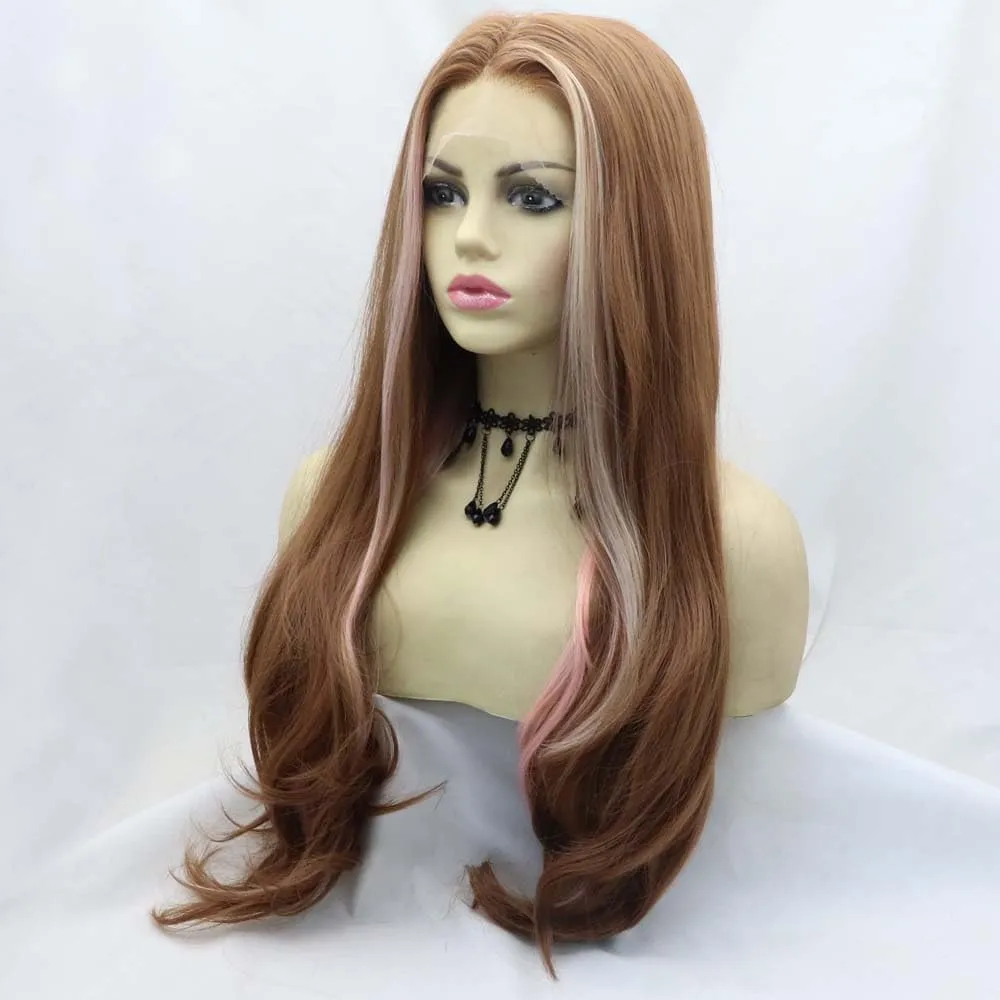 xiweiya 13X3 Lace Wig Long Mixed Brown Wavy Wig Highlight Rose Pink With Blonde Brown Synthetic Lace Front Wigs with Heat Resistant Fiber for Women Drag Queen Makeup Everyday Wig 24 inches
