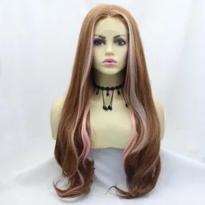 xiweiya 13X3 Lace Wig Long Mixed Brown Wavy Wig Highlight Rose Pink With Blonde Brown Synthetic Lace Front Wigs with Heat Resistant Fiber for Women Drag Queen Makeup Everyday Wig 24 inches