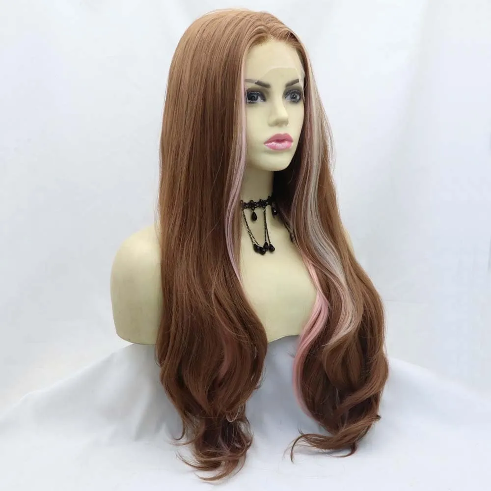 xiweiya 13X3 Lace Wig Long Mixed Brown Wavy Wig Highlight Rose Pink With Blonde Brown Synthetic Lace Front Wigs with Heat Resistant Fiber for Women Drag Queen Makeup Everyday Wig 24 inches