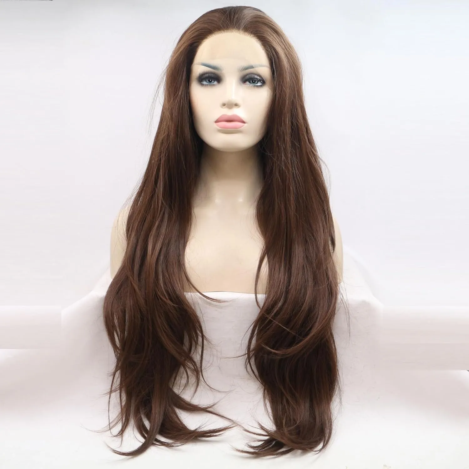Xiweiya13x3.5 Lace Wig Brown Wavy Lace Front Wig Long Body Wave Chocolate Light Brown Synthetic Lace Front Wig Glueless Wig Heat Resistant Fiber Wig for Woman Daily Wear 24inch