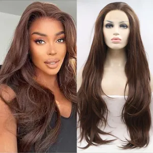 Xiweiya13x3.5 Lace Wig Brown Wavy Lace Front Wig Long Body Wave Chocolate Light Brown Synthetic Lace Front Wig Glueless Wig Heat Resistant Fiber Wig for Woman Daily Wear 24inch