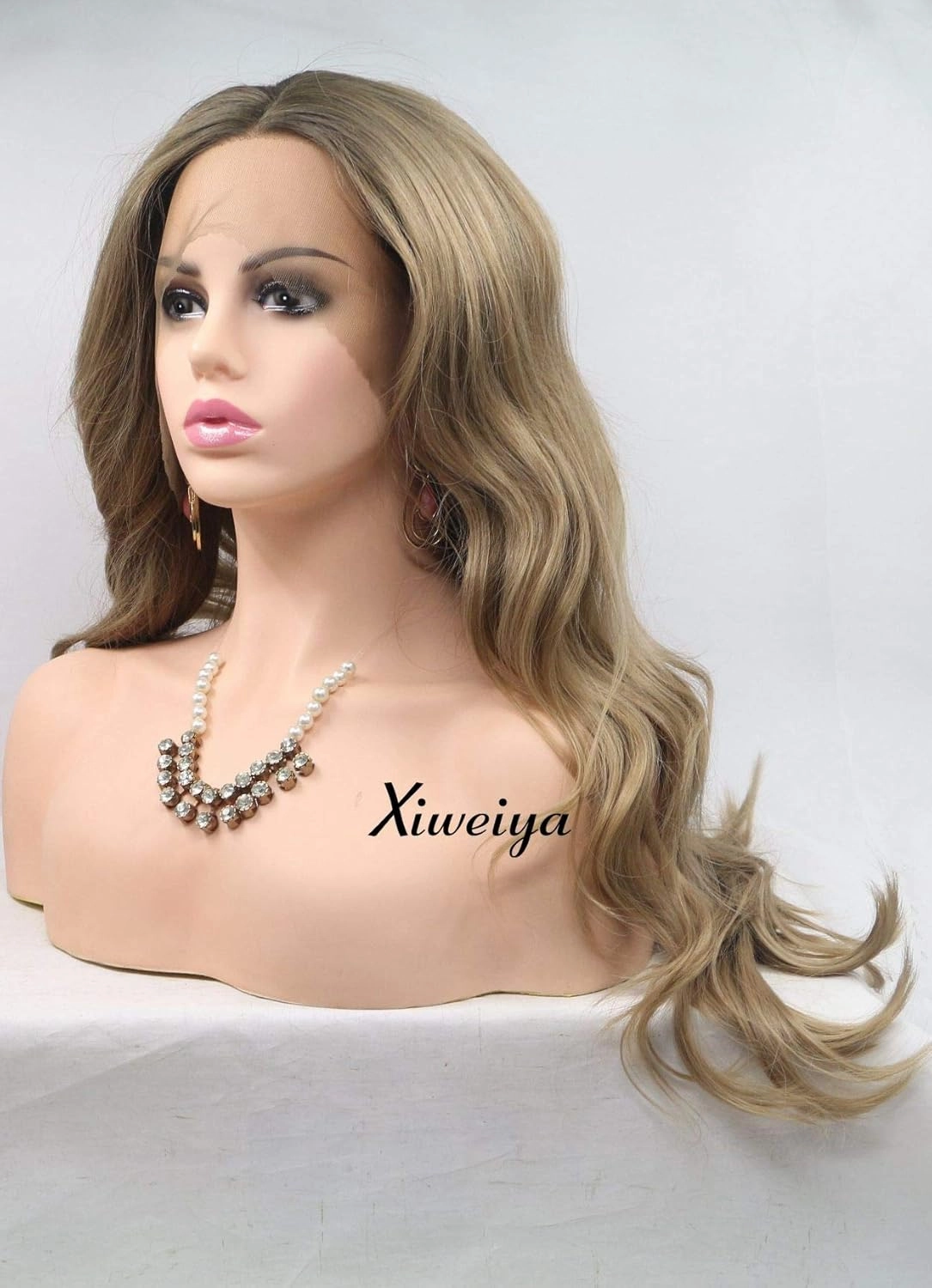 xiweiya Ombre Brown Wigs Long Curly Mixed Chestnut Synthetic Lace Front Wigs Middle Parting 150% Density Hair Heat Resistant Fiber Wig dark Roots Wig for Women 24inch