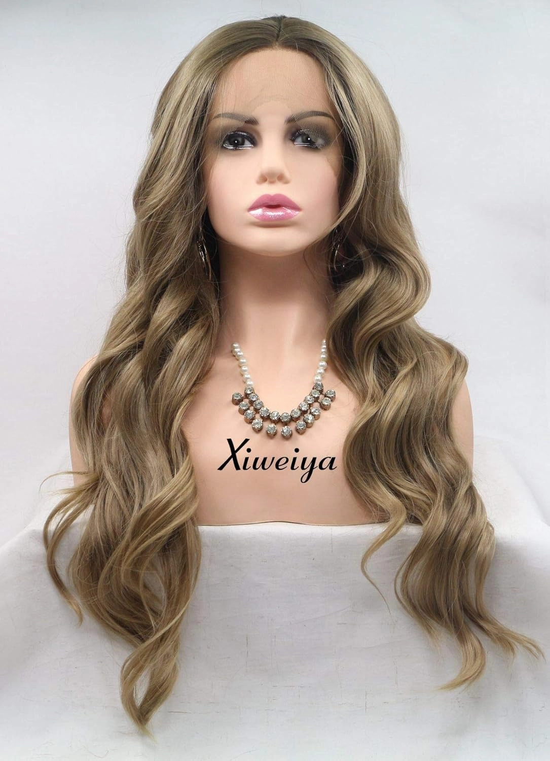 xiweiya Ombre Brown Wigs Long Curly Mixed Chestnut Synthetic Lace Front Wigs Middle Parting 150% Density Hair Heat Resistant Fiber Wig dark Roots Wig for Women 24inch
