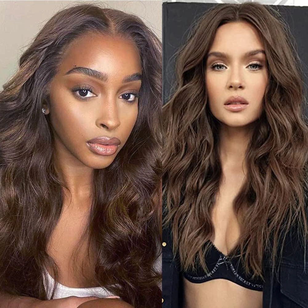 Xiweiya Wigs 6# Natural Brown Lace Wig Long Body Wave 13×3 Lace Front Hair with Heat Resistant Fiber Middle Parting Dark Brown Hair Natural Wave for Women,Drag Queen Makeup Cosplay Party 24Inches